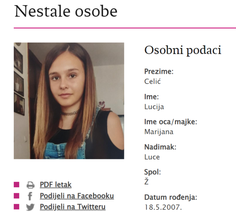 U Žaboriću nestala Lucija Celić (16): Otišla od kuće u nedjelju popodne, još nije pronađena
