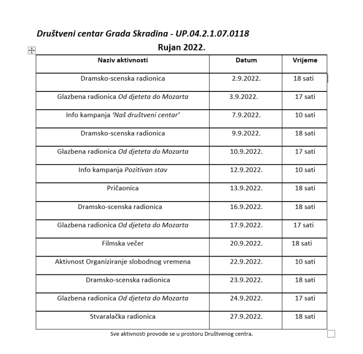 Provjerite što vas čeka u Društvenom centru Grada Skradina tijekom rujna!  