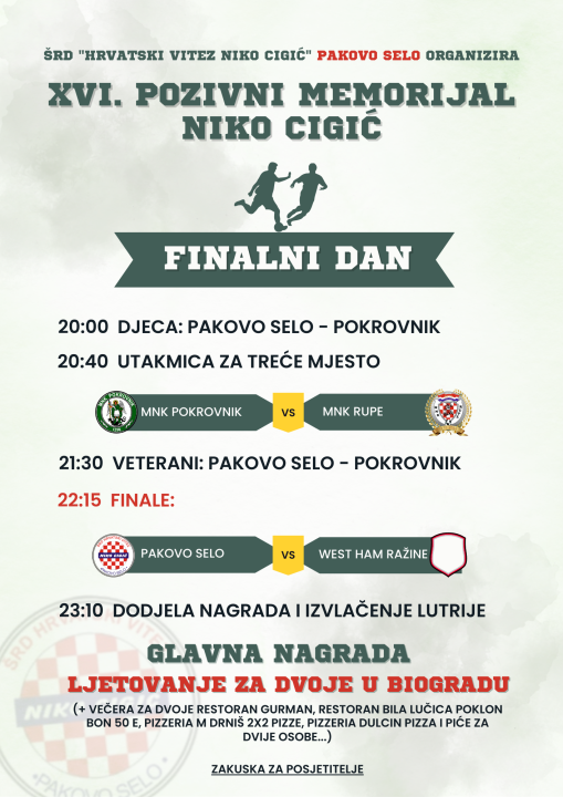 West Ham iz Ražina i Pakovo Selo odlučit će o pobjedniku Memorijalnog turnira Hrvatski vitez Niko Cigić