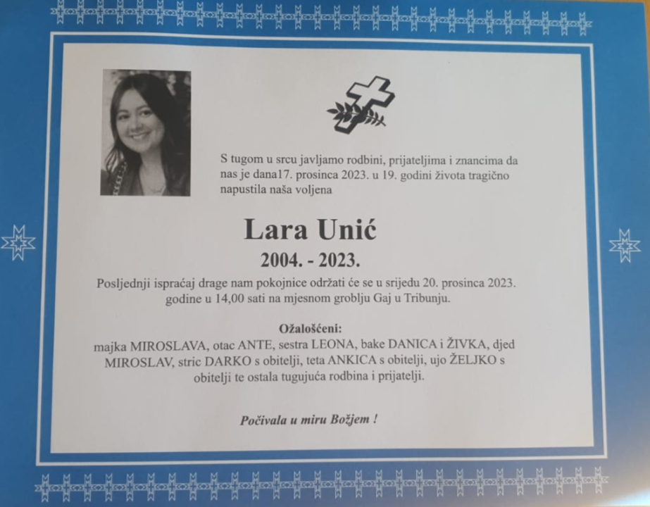 Pogreb Lare Unić održat će se u srijedu na mjesnom groblju Gaj u Tribunju