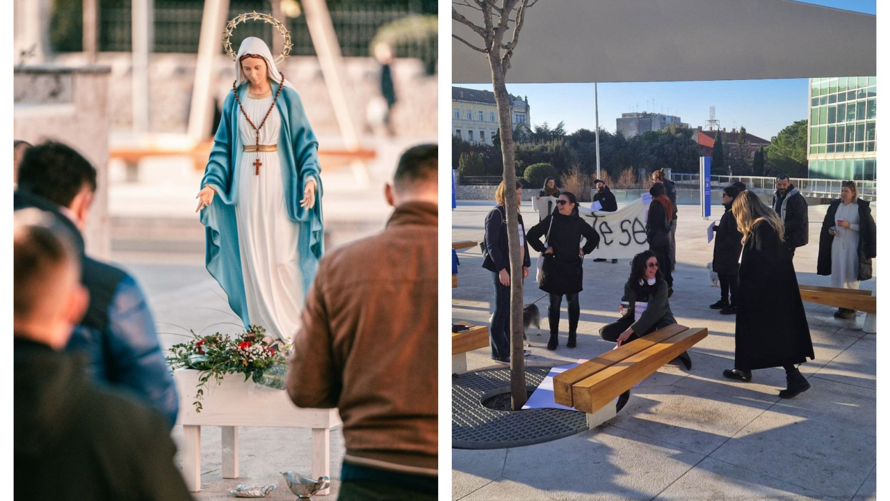 Prosvjednici za prava žena okupili se na Poljani: Nasuprot njih dvadesetak muškaraca molilo krunicu